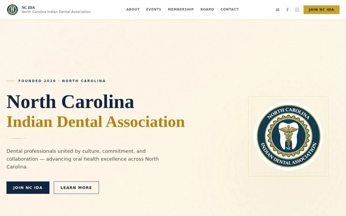 Screenshot of the NC Indian Dental Association homepage (ncida.org) — dental industry association website designed and built by Militech International